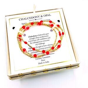 Shivam Chalcedony & Opal Red and Gold Beaded Brass Bracelets